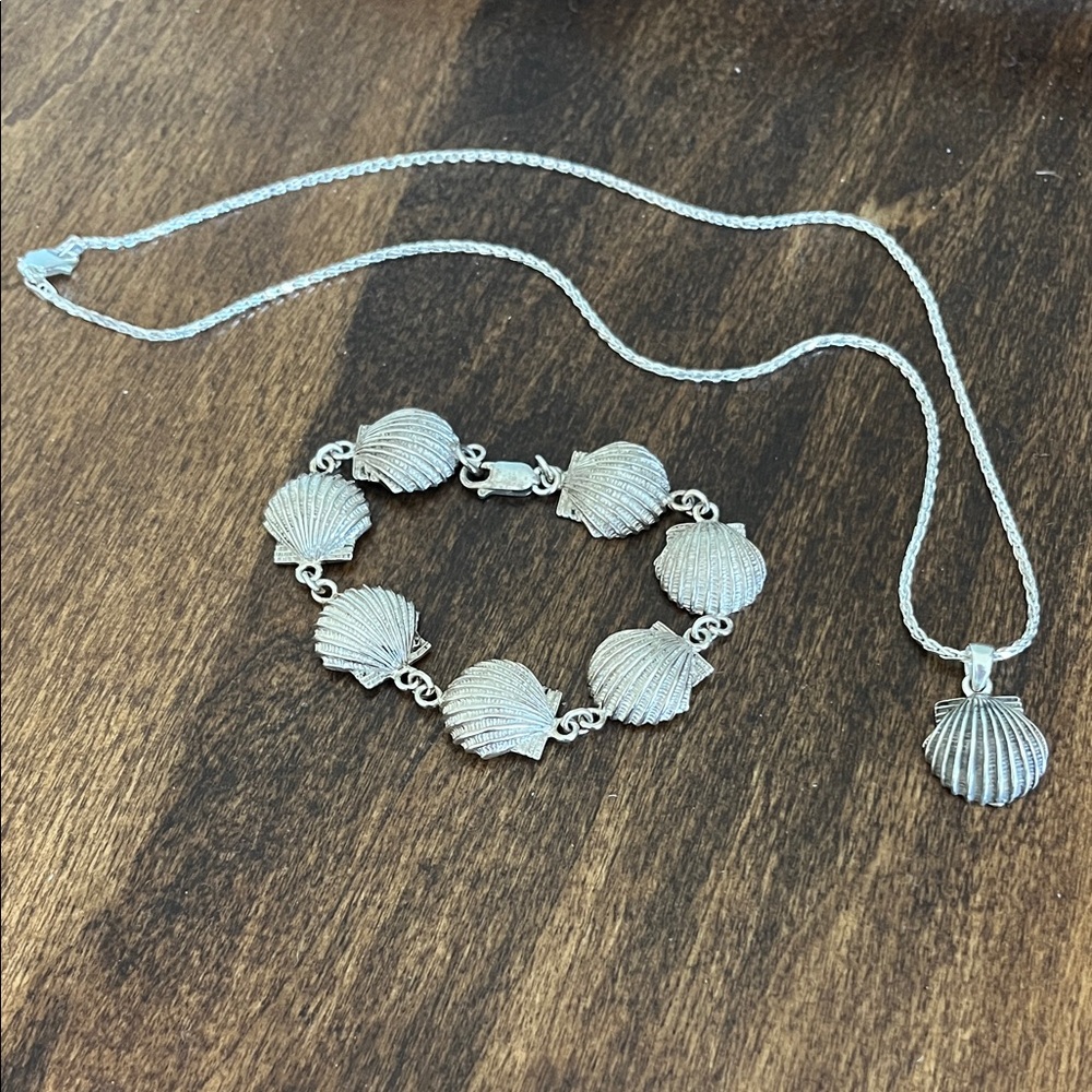 Vintage Italian Sterling Silver Scallop Shell Necklace & Bracelet Set 925